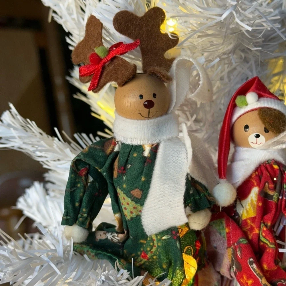 Vintage 1968 Festive Holiday Bear Nutcracker Wood Ornaments Clip Set